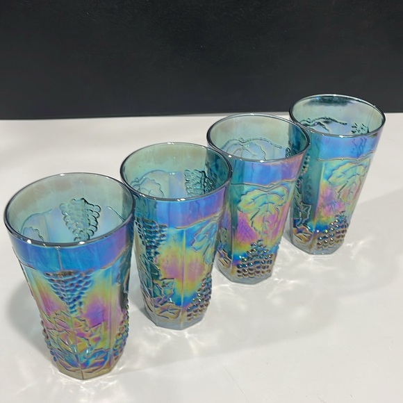 Indiana Glass Iridescent Blue Carnival Harvest Grape Tumblers Vintage Set of 4 - Picture 6 of 14
